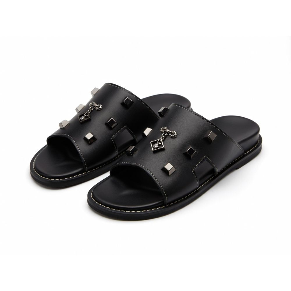 Mens Black Designer Sandals with Studded Detail